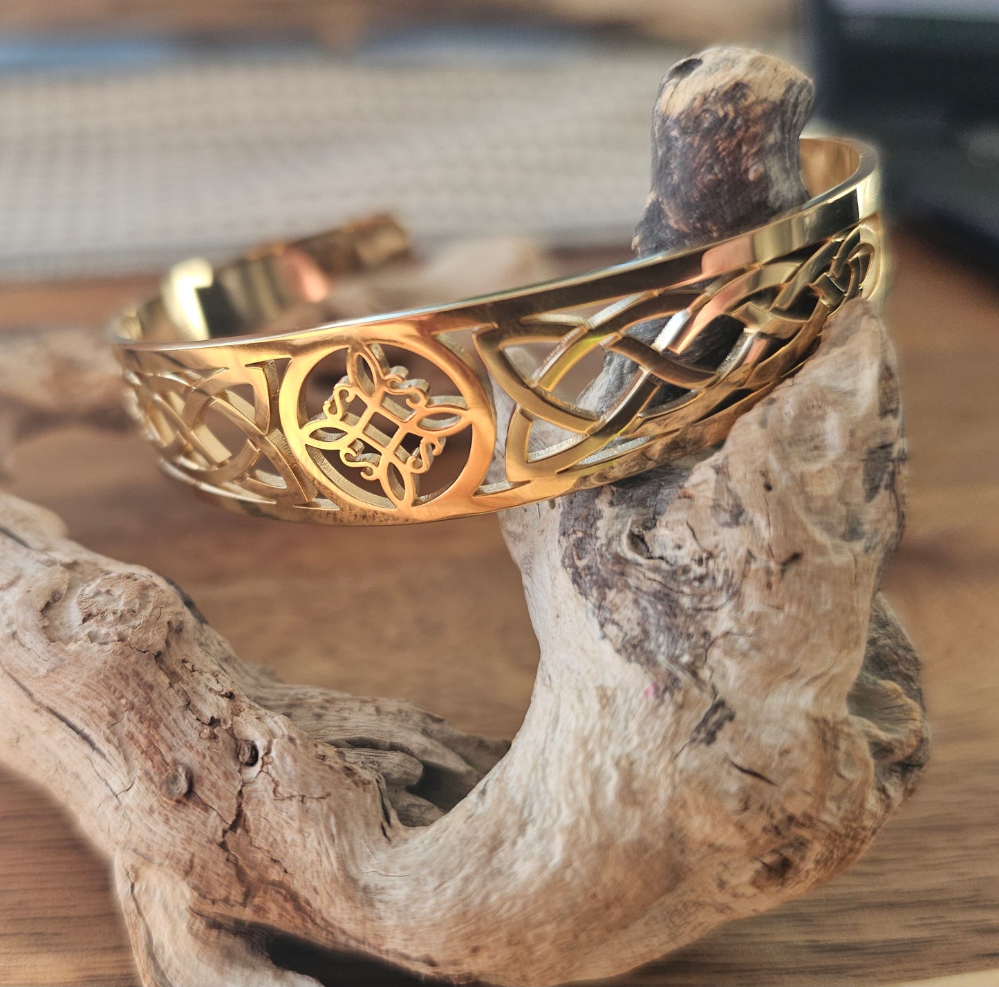 Gold Witch's Knot Filligree Cuff Bracelet - Norse Pagan