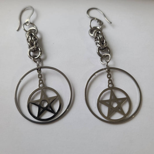 Surgical Steel Pagan Gothic Moon Pentagram Dangle Earrings Pair - Goth Earrings, Wicca, grunge, emo jewelry,