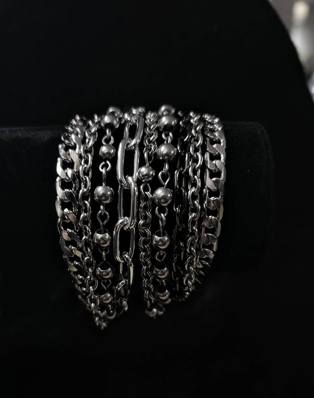 Layered Multi-Strand Steel Bracelet - This punk style or alt goth statement bracelet makes a great gift for her