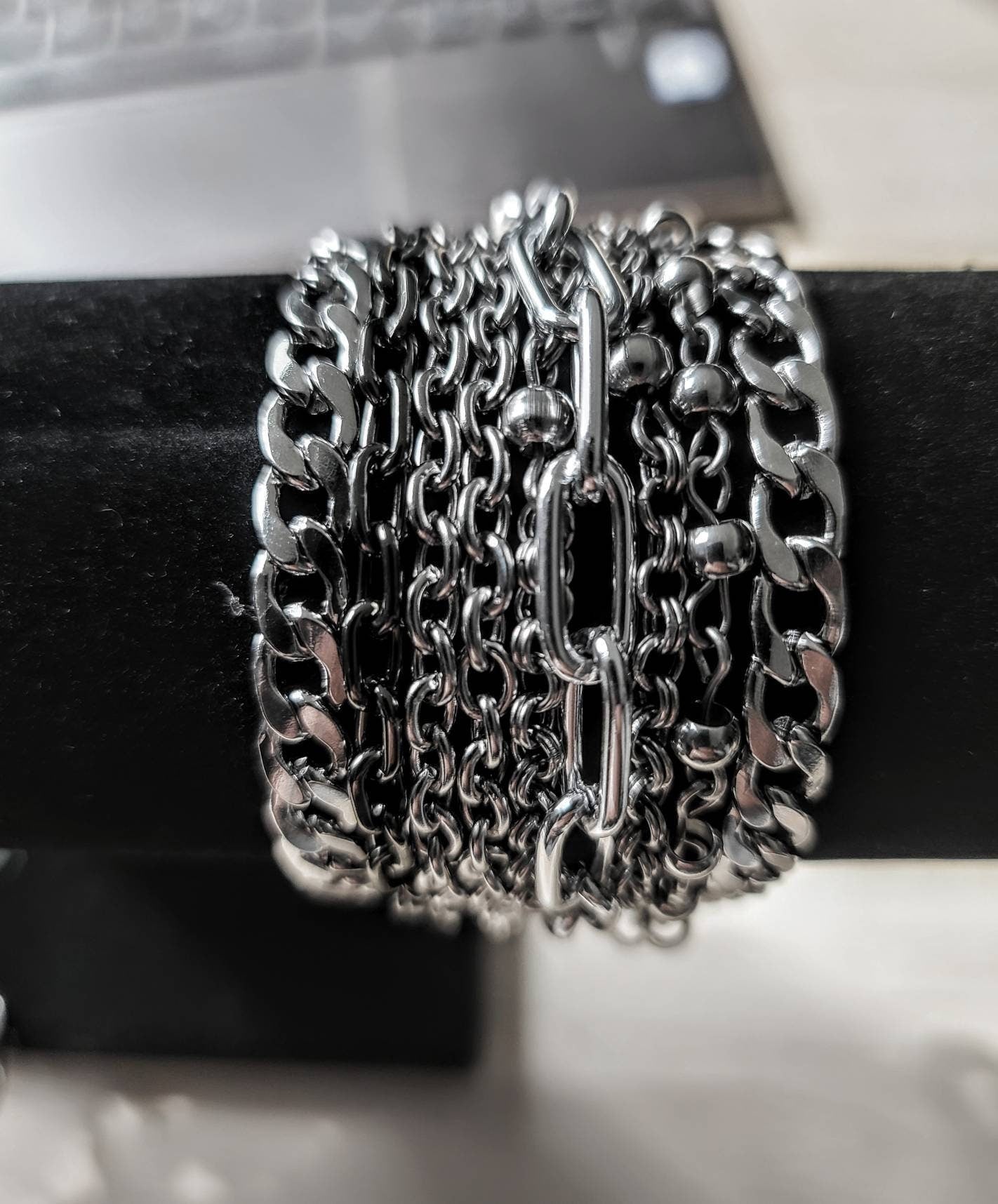 Layered Multi-Strand Steel Bracelet - This punk style or alt goth statement bracelet makes a great gift for her