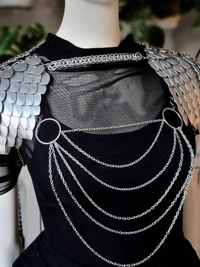 Halloween Viking, Dragon, Fairy Scalemail Cosplay Chainmail Festival Outfit Corset Shoulder Armor in Silver Rave Costume