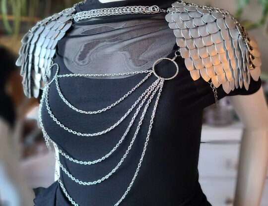 Halloween Viking, Dragon, Fairy Scalemail Cosplay Chainmail Festival Outfit Corset Shoulder Armor in Silver Rave Costume