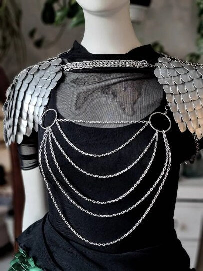 Halloween Viking, Dragon, Fairy Scalemail Cosplay Chainmail Festival Outfit Corset Shoulder Armor in Silver Rave Costume