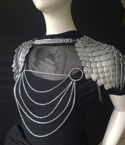 Halloween Viking, Dragon, Fairy Scalemail Cosplay Chainmail Festival Outfit Corset Shoulder Armor in Silver Rave Costume