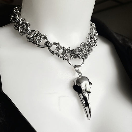 Raven Skull Handmade Chunky Chainmail Viking Goth Punk Choker Necklace –Great Norse necklace grunge jewelry or alt goth jewelry gift for her