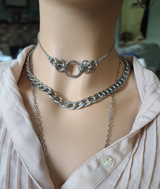 Steel Chainmail Day Collar Choker Necklace | Edgy Goth Punk Alt Jewelry Style with Permanent Locking Clasp Option