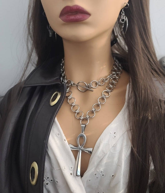 Chunky Chain Chainmail Layered Necklace Set with Ankh | stunning Norse goth necklace gift for her