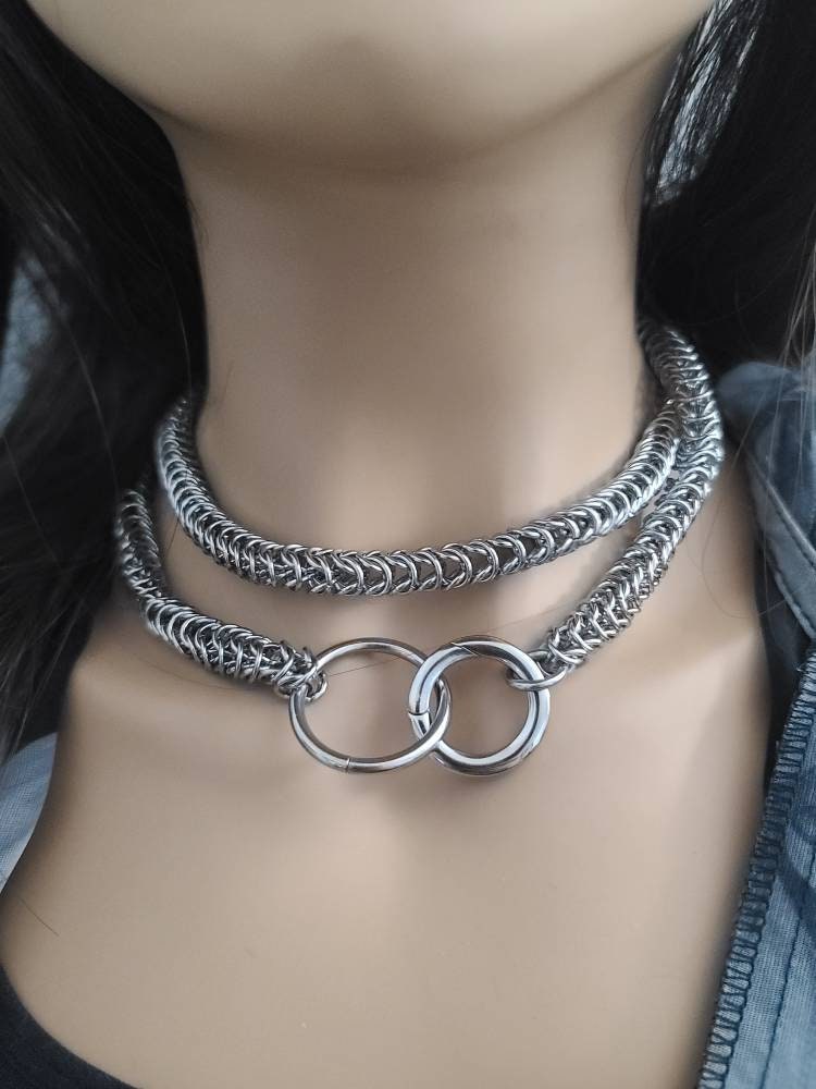 Chainmail O Ring Slave Collar Leash Choker Layered Necklace - Punk gothic choker, Handmade jewelry self bondage choker gift for her