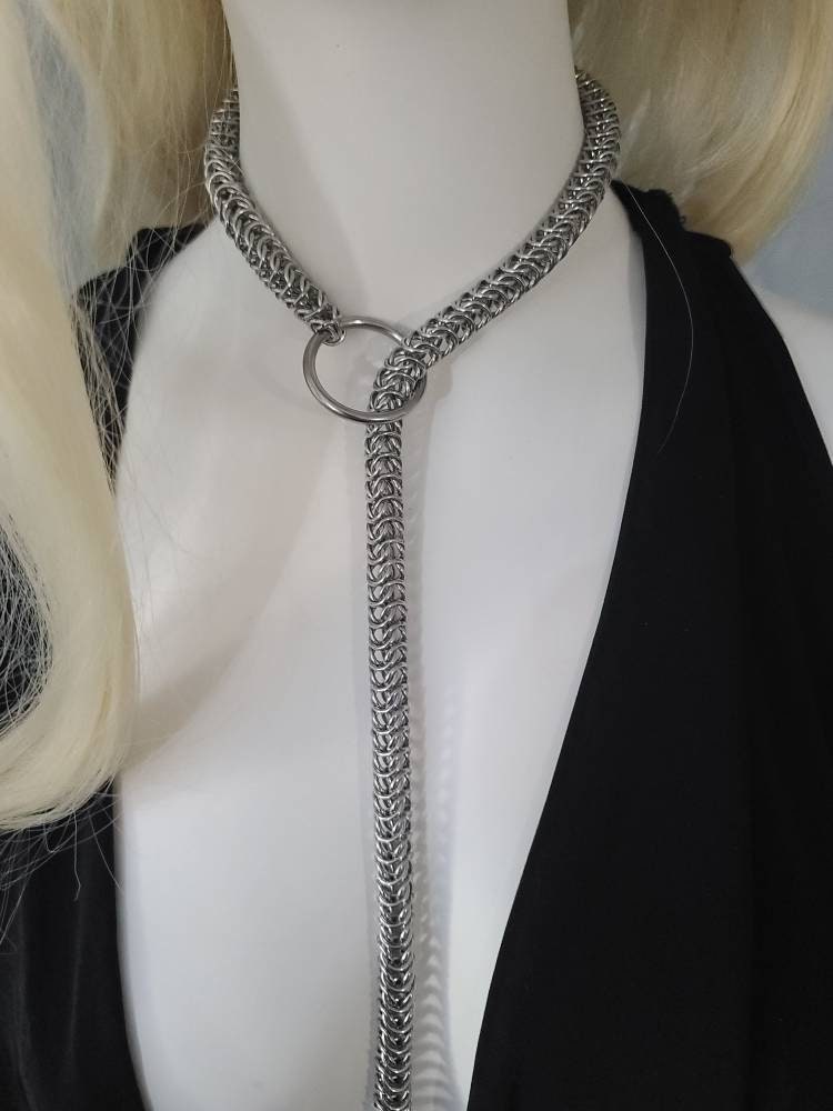 Chainmail O Ring Slave Collar Leash Choker Layered Necklace - Punk gothic choker, Handmade jewelry self bondage choker gift for her