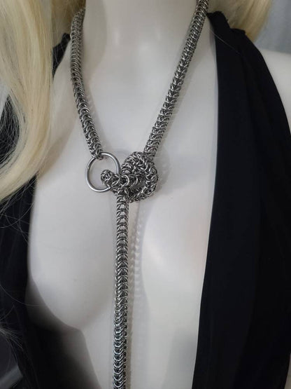 Chainmail O Ring Slave Collar Leash Choker Layered Necklace - Punk gothic choker, Handmade jewelry self bondage choker gift for her