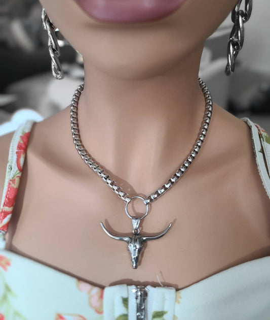 Steel Necklace Longhorn Western Cowgirl Jewelry - Handmade Steel Goth Alt Necklace gift for her Taurus astrology handmade jewelry