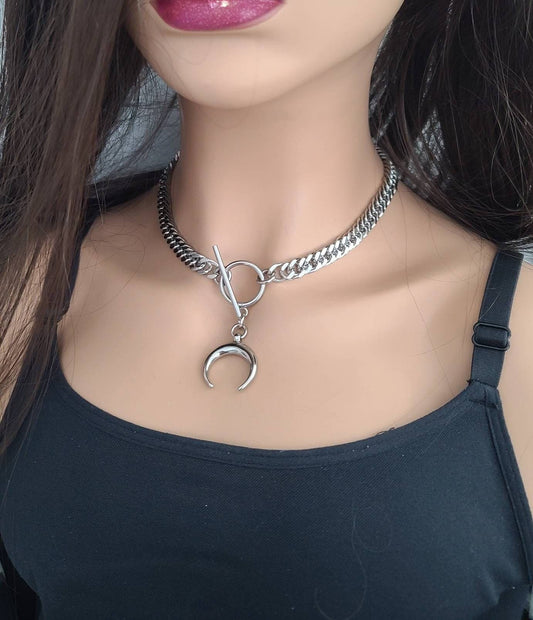 Silver Goth Moon Collar Choker Pagan Horn Grunge Toggle Necklace - Witchy Necklace handmade Goth witch jewelry gift for her