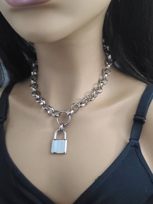 Silver Day Collar Padlock Handmade Statement Choker Necklace | A punk grunge necklace, this is a great bondage style gift for her