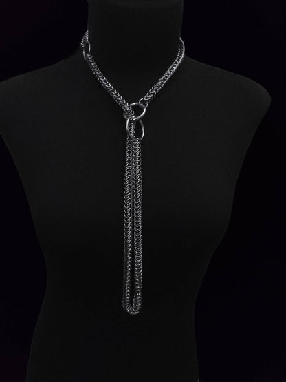 Chainmail O Ring Slave Collar Leash Choker Layered Necklace - Punk gothic choker, Handmade jewelry self bondage choker gift for her