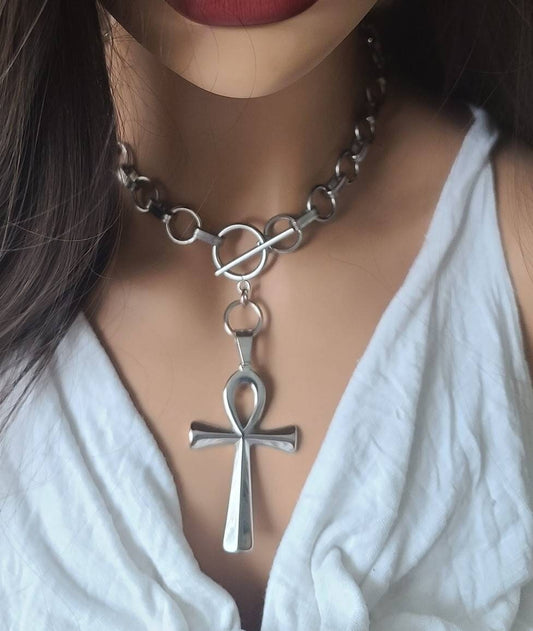 Gothic Chainmail Ankh Handmade Choker Necklace | A great handmade toggle clasp punk style jewelry gift for her