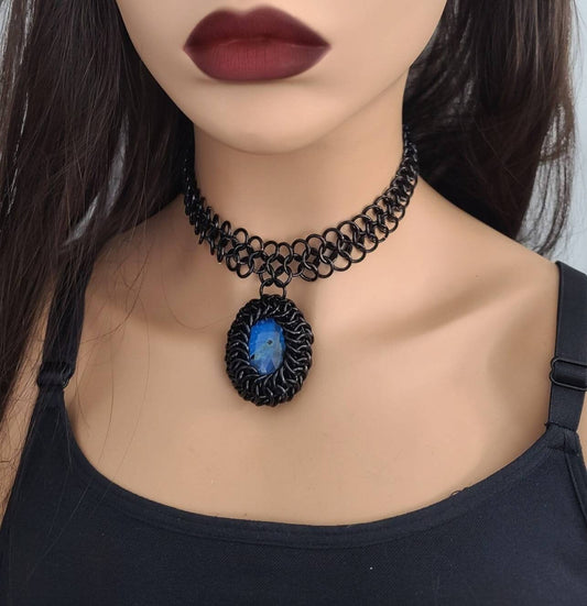 Labradorite Chunky Chainmail Goth Punk Style Necklace | Gorgeous alt grunge jewelry or goth choker gift for her with glowing gemstone