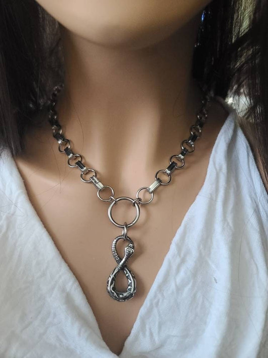 Chainmail Snake Infinity Ouroboros Choker Necklace on Chunky | A great handmade toggle clasp alt punk style snake necklace gift for her