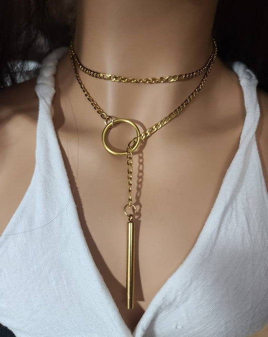 Gold Filled Lariat Necklace Set with Gold Bar pendant | great alt punk style y2k statement necklace gift for her or indie necklace