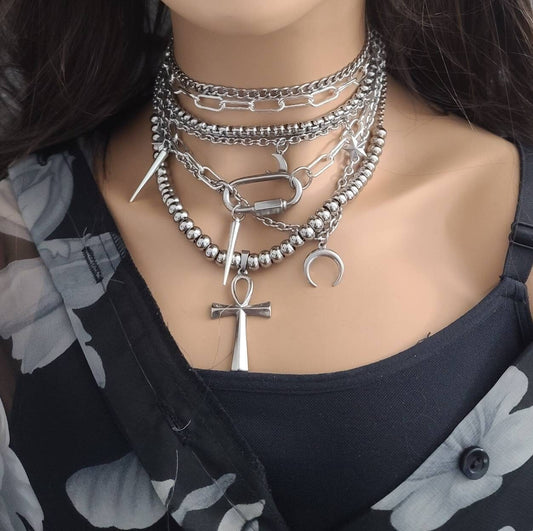 Steel Grunge style Layered Necklace Set with Horn Moon, Spikes, Ankh | great alt punk gothic aesthetic Statement Necklace gift for her