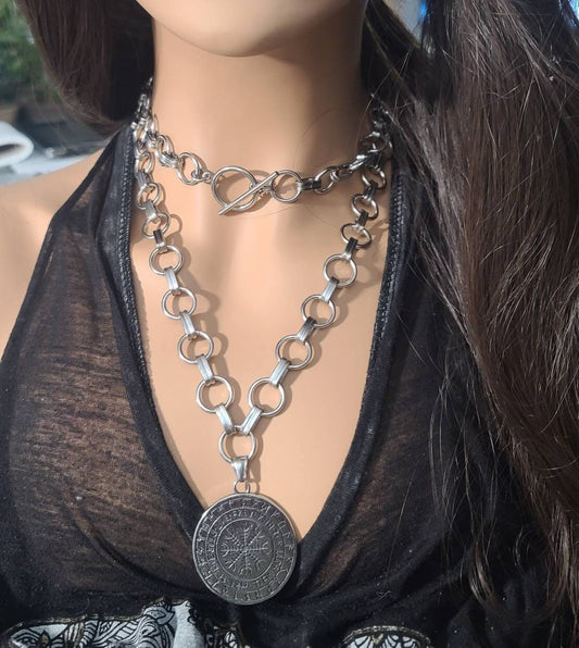 Norse Viking Medallion Vegsivir Wolf Chunky Chain Goth Choker Layered Necklace Set | A great Norse alt punk style jewelry gift for her