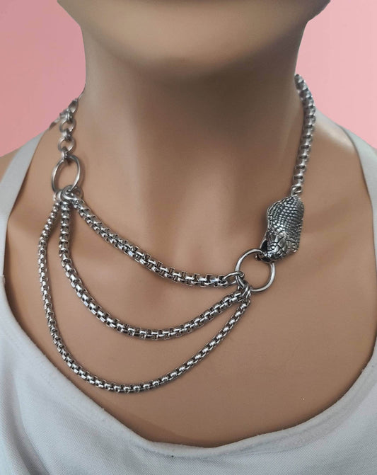 Snake Chain Layered Necklace Set Goth Choker with Cobra | Multistrand handmade jewelry gift for her, alt punk style statement necklace