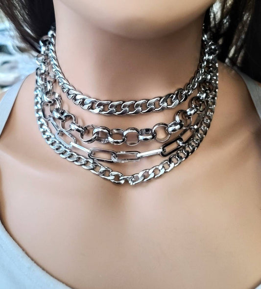 Silver Layered Chain Gothic Punk Collar Choker Necklace Set | A Handmade aesthetic statement necklace gift for her