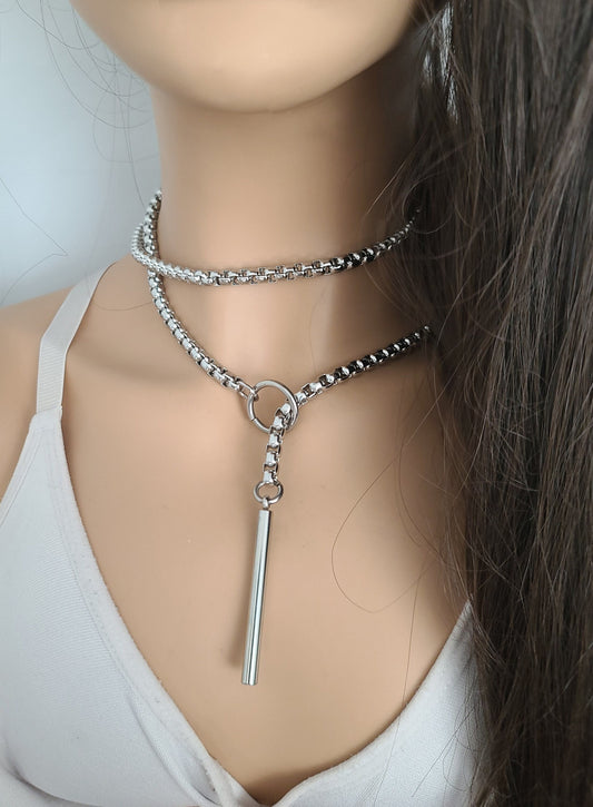 Steel Bar Lariat Layered Slip Chain Choker Collar Necklace | Handmade Multi Layer Wrap Gothic Chunky Chain