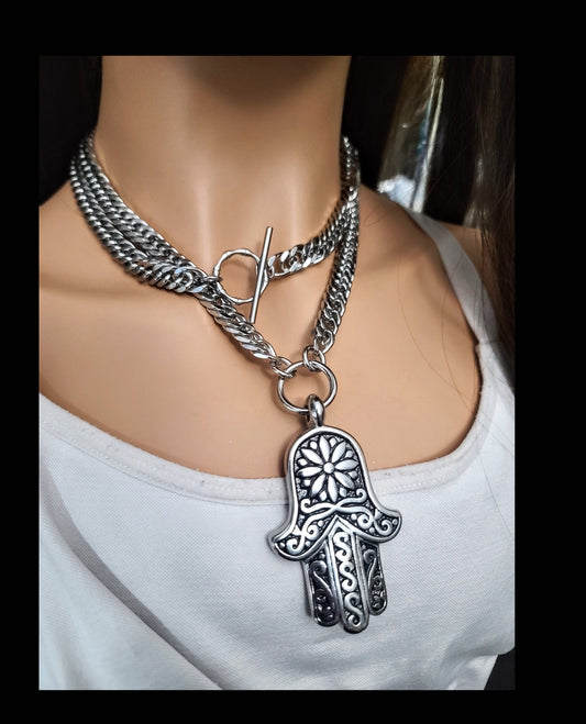 Steel Hamsa Hand Buddhist Zen Yoga Layered Wrap Statement Necklace | A handmade Thick Chunky Chain Statement Necklace gift for her