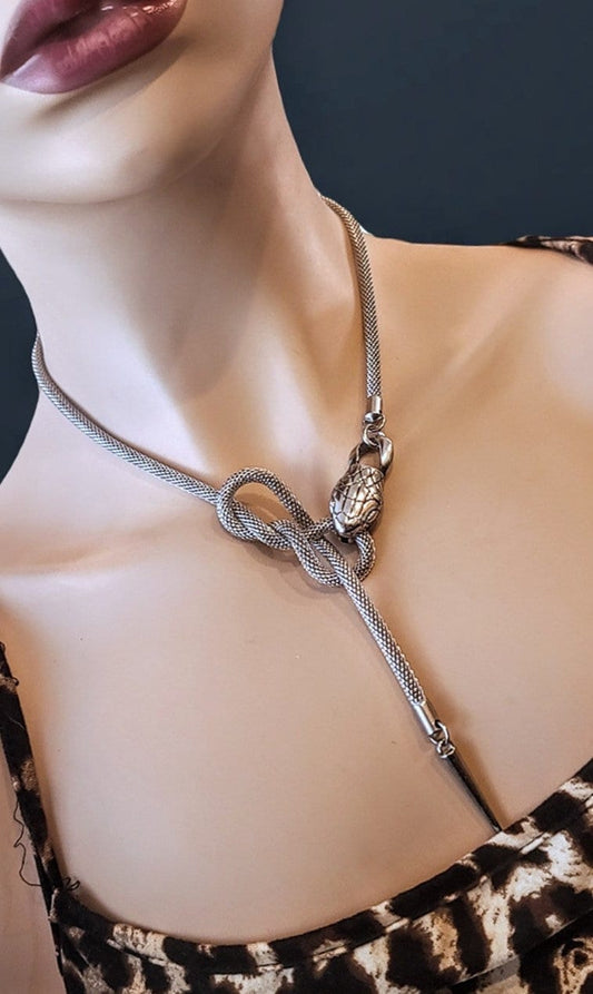 Steel Snake Medusa Ouroboros Stainless Steel Statement Necklace - Unique goth punk aesthetic snake jewelry wrap necklace gift for her