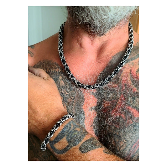 Mens Necklace Steel & Silicone Chainmail Necklace Bracelet | Great grunge punk or hip hop style Viking jewelry gift for him