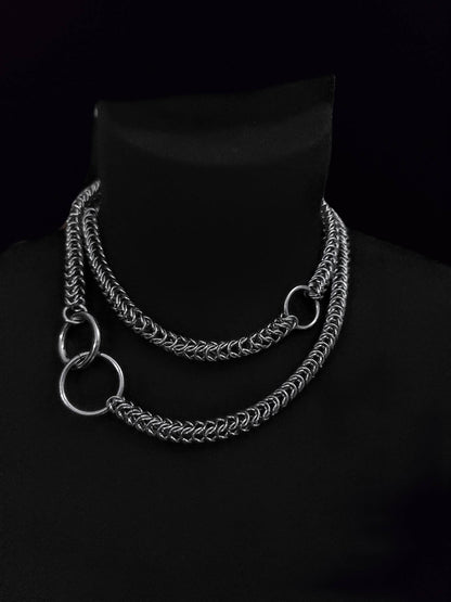 Chainmail O Ring Slave Collar Leash Choker Layered Necklace - Punk gothic choker, Handmade jewelry self bondage choker gift for her