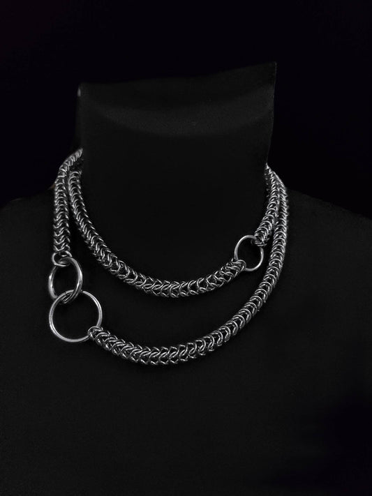 Chainmail O Ring Slave Collar Leash Choker Layered Necklace - Punk gothic choker, Handmade jewelry self bondage choker gift for her