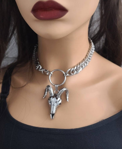 Baphomet Goat Skull Gothic Punk Choker Collar Necklace - Handmade Chunky Chain grunge aesthetic jewelry