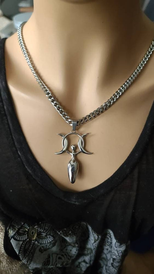 Steel Triple Goddess Pendant Necklace - A handmade pagan Norse Warrior Woman moon cycle goth necklace,witchy feminism statement gift for her