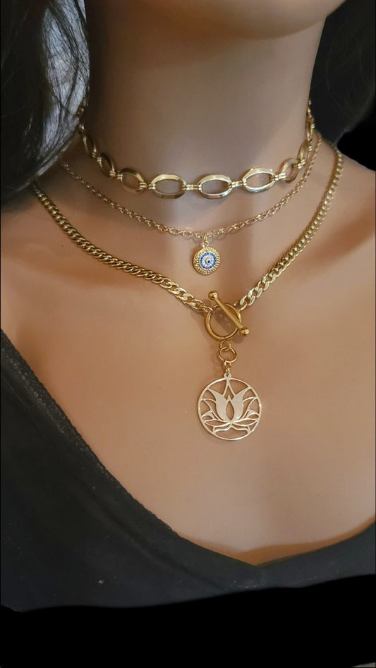 Gold Layered Necklace Set Evil Eye & Lotus medallion | Good vibes necklace,Protection necklace,Evil eye necklace, layering necklace