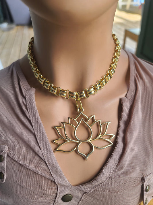 Gold Lotus Boho Statement Zen Necklace | A great zen Buddhism gift for her and yoga lovers, Good vibes Protection necklace