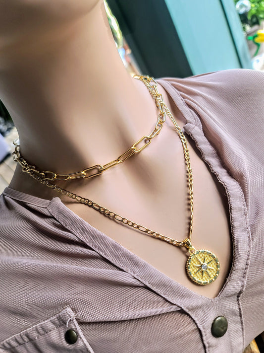 Gold Layered Necklace Set with Cubic Zirconia Medallion and Paperclip chain | A great multistrand gift for her, y2k necklace, boho style