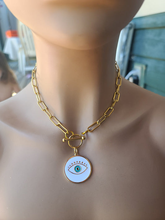 Evil Eye Necklace Medallion Gold Layered Necklace Set paperclip chain | Good vibes necklace, handmade jewelry gift for her