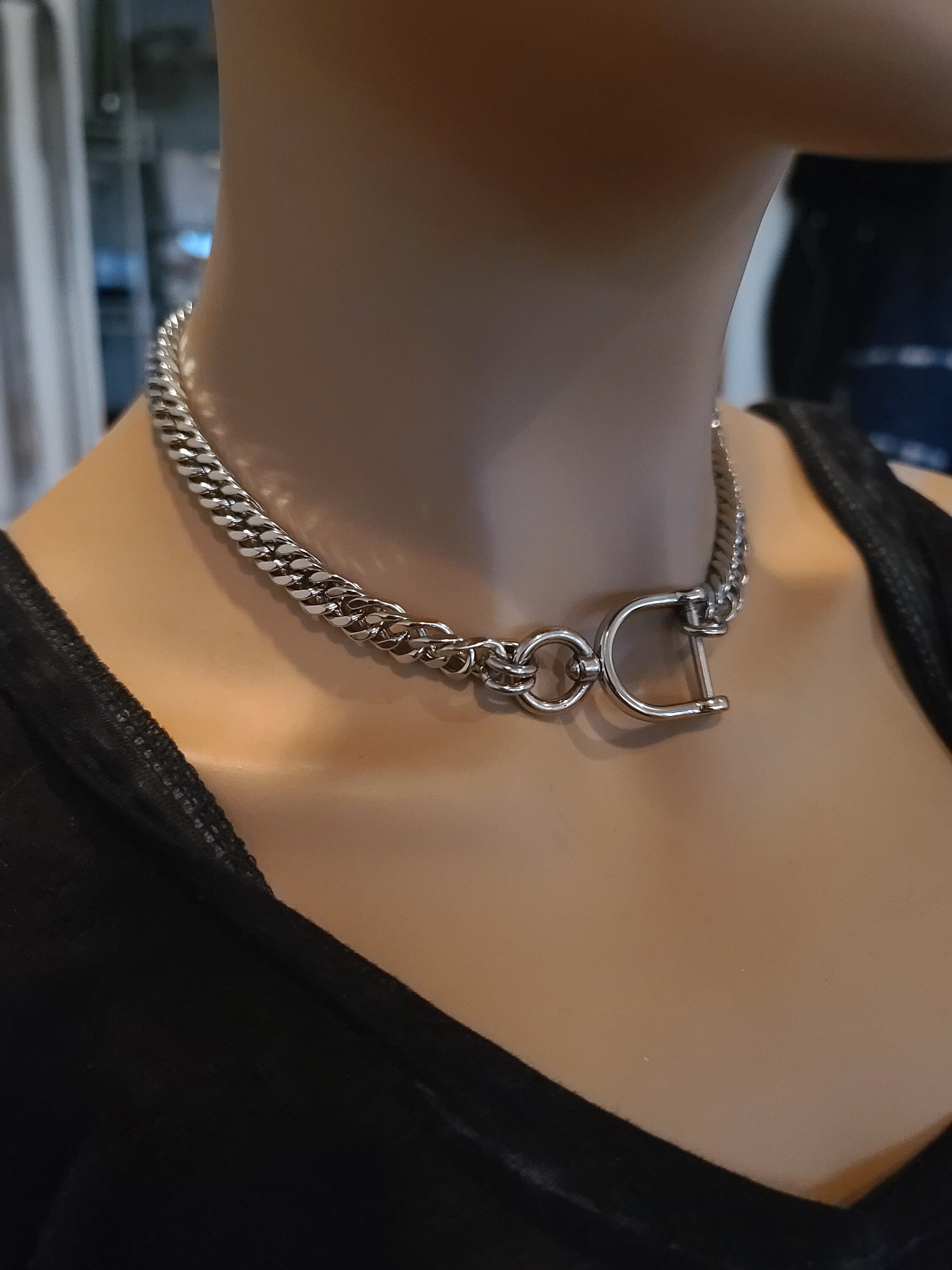 Steel Locking Goth Alt Chunky Chain Necklace, Discreet Sub Day Collar, Stainless Steel BDSM aesthetic Jewelry