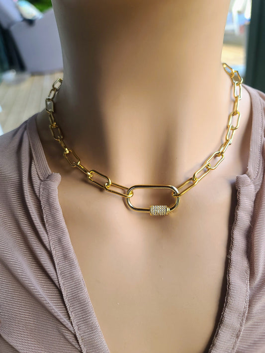 Gold Pave Carabiner Necklace Chunky Gold Necklace Paperclip Chain Necklace | An elegant handmade jewelry necklace Christmas gift for her