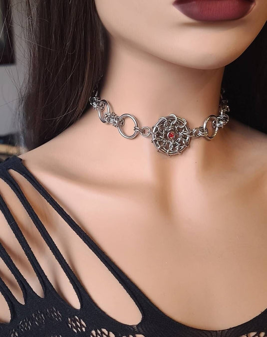 Steel Chainmail Goth Alt Viking Choker Necklace - Stunning handmade Norse aesthetic necklace gift for her in a goth punk jewelry style