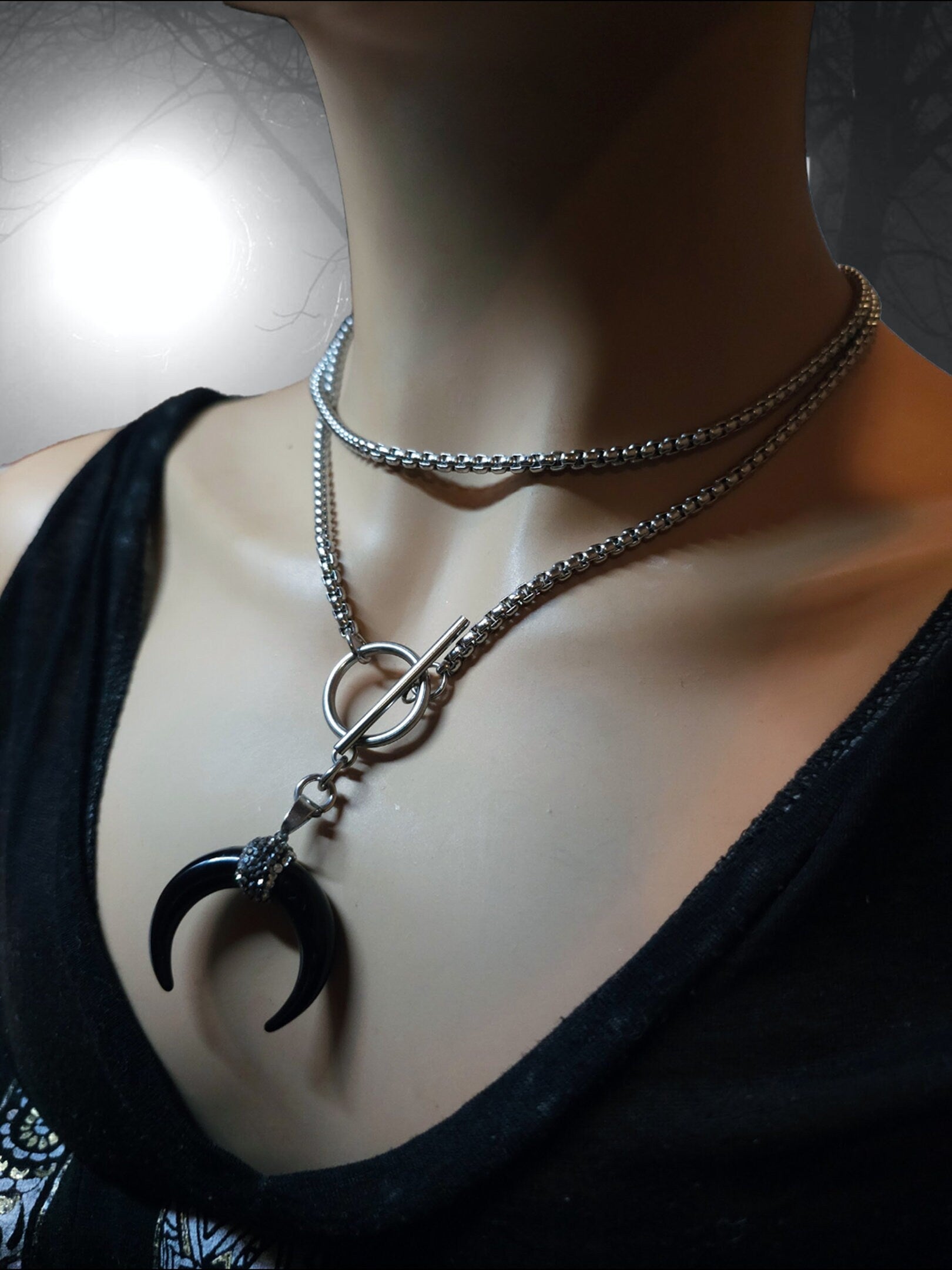 Gothic Pagan Horn Moon Multi Strand Wrap Choker Toggle Clasp necklace - Goth Edgy Jewelry, Witchy Pagan Chunky Jewelry