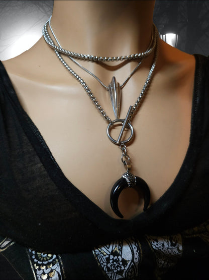 Gothic Pagan Horn Moon Multi Strand Wrap Choker Toggle Clasp necklace - Goth Edgy Jewelry, Witchy Pagan Chunky Jewelry