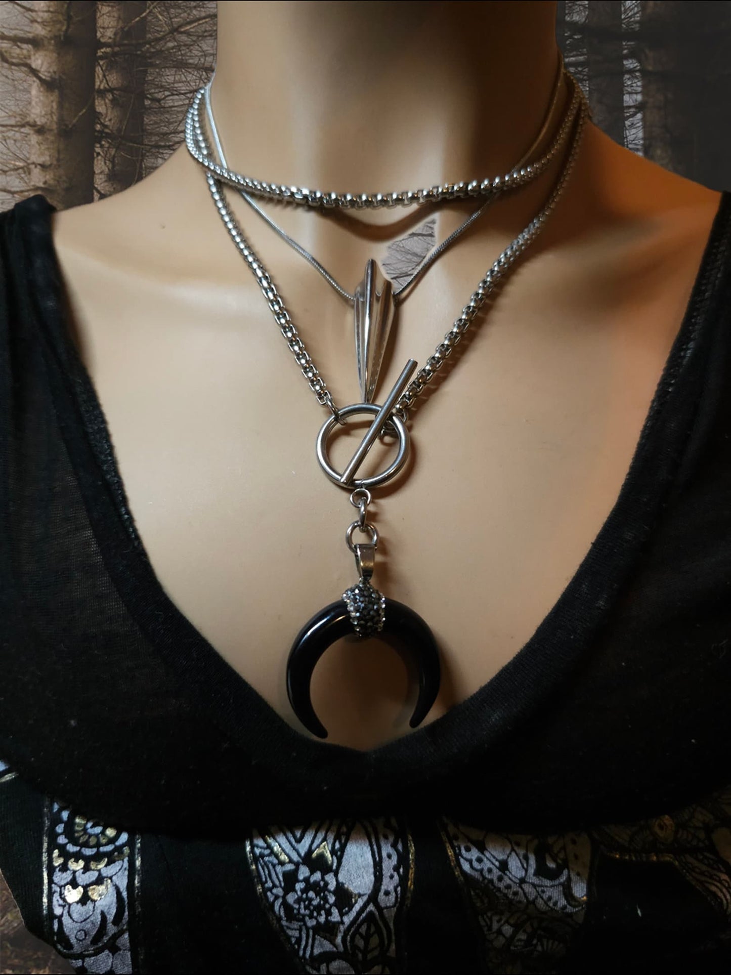 Gothic Pagan Horn Moon Multi Strand Wrap Choker Toggle Clasp necklace - Goth Edgy Jewelry, Witchy Pagan Chunky Jewelry