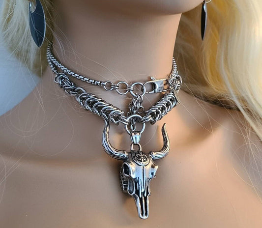 Baphomet Goat or Longhorn Skull on Handmade Chainmail Necklace - stunning Norse goth Western Cowgirl necklace gift for her