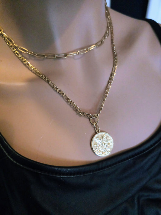 Gold Coin Medallion Layered Necklace Set on Paperclip chain | A great multistrand gift for her, y2k necklace, layered link chain