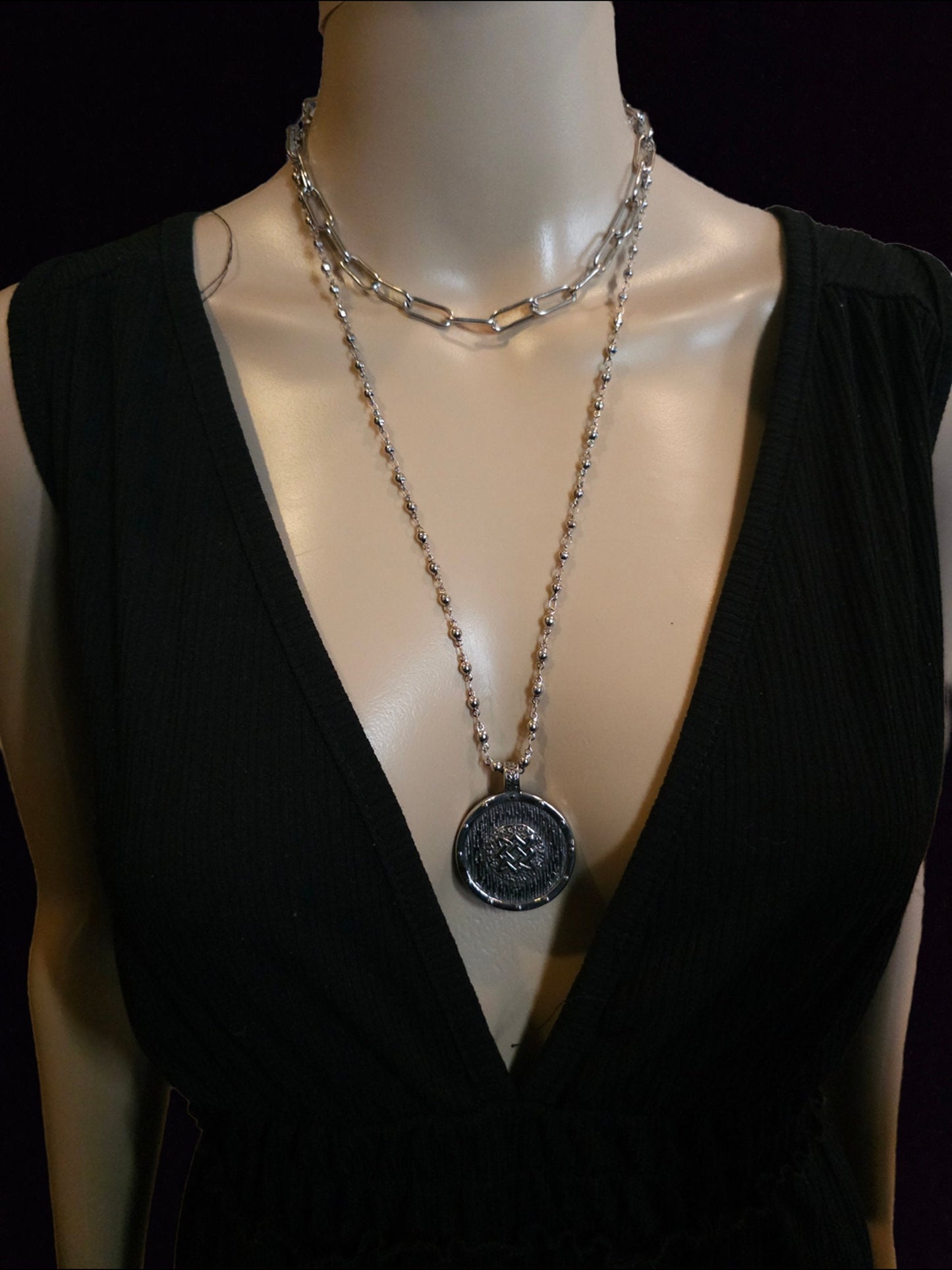 Silver layered necklace set with Shield Maiden Viking medallion coin & paperclip | A great multi strand statement necklace gift for her,