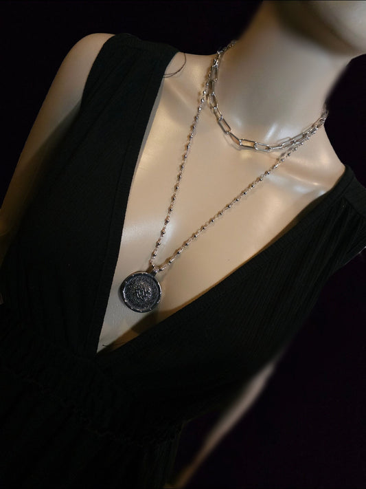 Silver layered necklace set with Shield Maiden Viking medallion coin & paperclip | A great multi strand statement necklace gift for her,