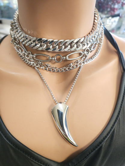 Silver Layered Multi Strand Chunky Chain Gothic Choker Necklace Set | Handmade Jewelry Dark Academia aesthetic gift for her, fang cat claw