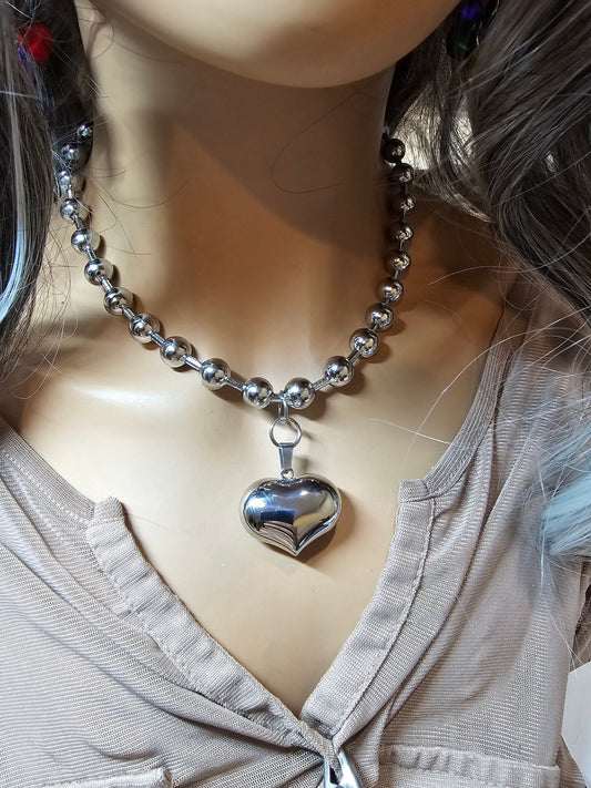 Silver Puffy Heart Necklace on Chunky Ball Chain | Waterproof Non Tarnish Steel | Handmade Jewelry Valentines Day gift for her / choker